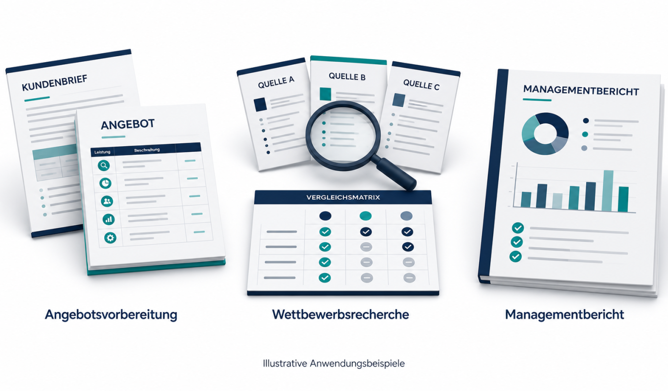 Illustrative Beispiele: Angebotsvorbereitung, Wettbewerbsrecherche und Managementbericht.